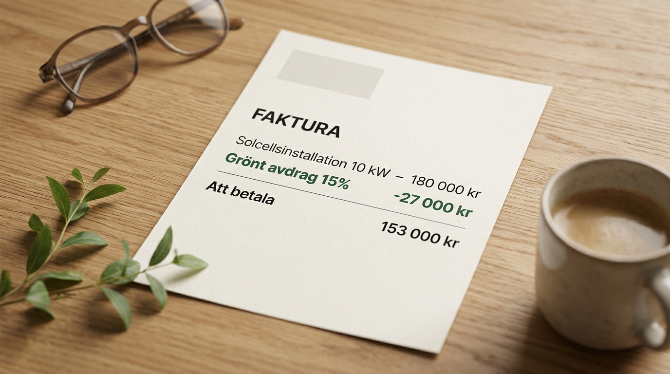 Närbild på en faktura där grönt avdrag är specificerat som egen rad — avdraget dras direkt av installatören