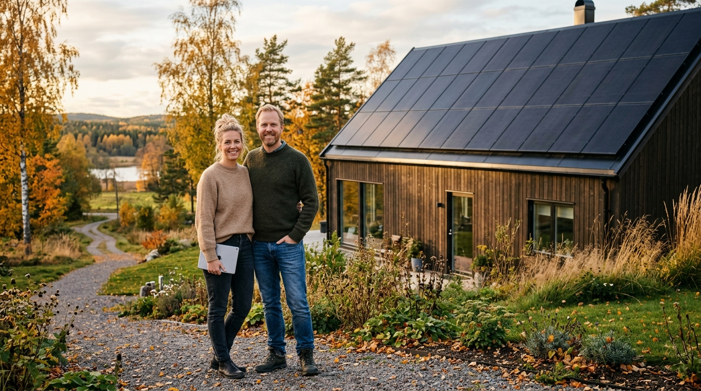 Svenskt par utanför sin villa med svarta solpaneler på taket — privatpersoner som äger sitt boende kvalificerar för grönt avdrag