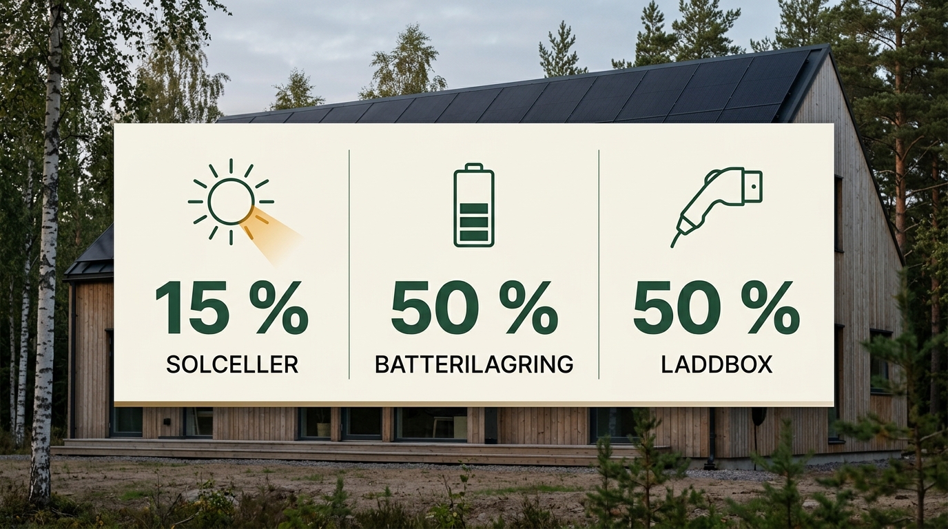 Infografik: grönt avdrag 2026 — 15 procent på solceller, 50 procent på batterilagring, 50 procent på laddbox